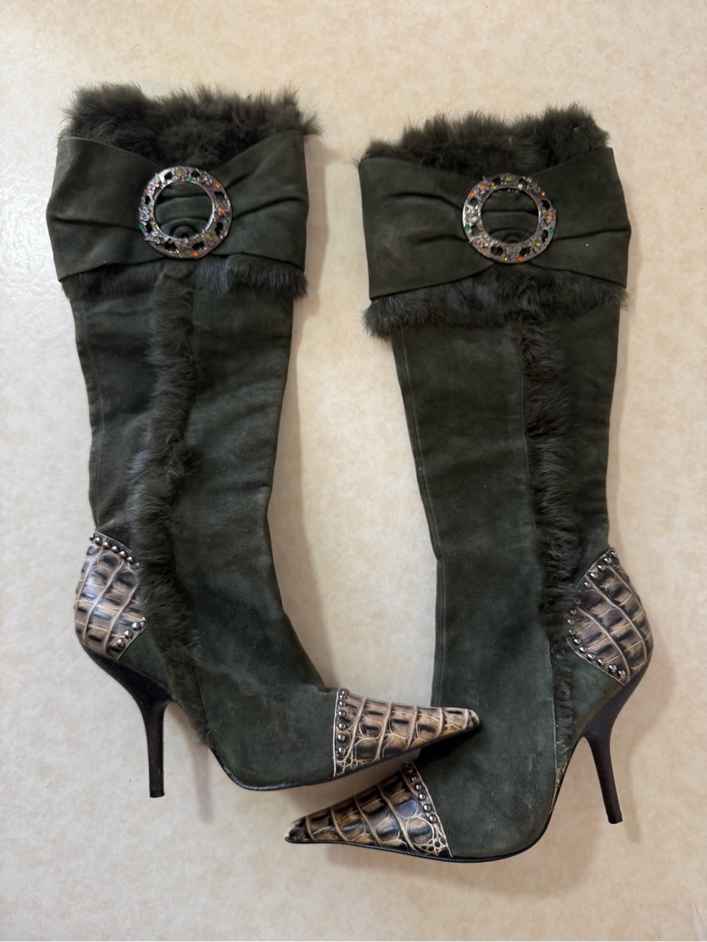 Y2k Hype Jazmin Forest Green Croc & Fur Knee High Boots 🐊